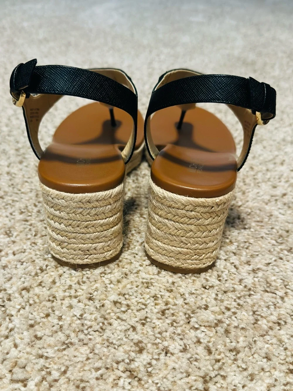 Michael Kors Black Leather Espadrille Wedge Sandals MK t-strap Gold Logo Sz 6.5